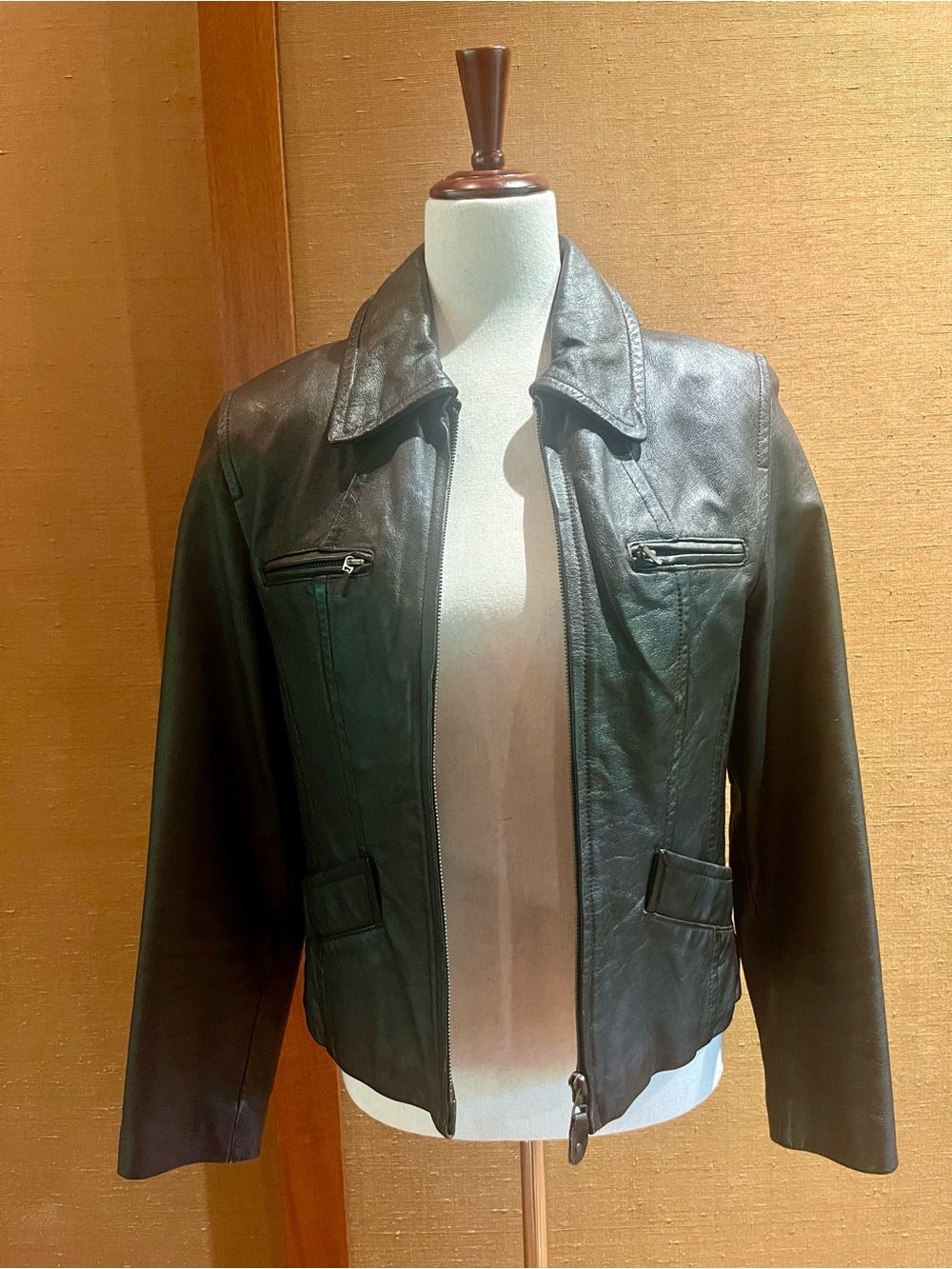 Classic Dark Brown Leather Zip Jacket for Women